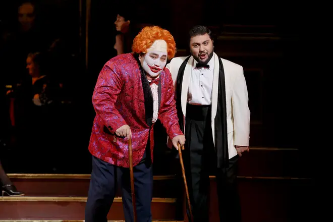 Amartüvshin Enkhbat as Rigoletto and Liparit Avetisyan as Duke of Mantua in Opera Australia's 2019 production of Rigoletto at Arts Centre Melbourne.