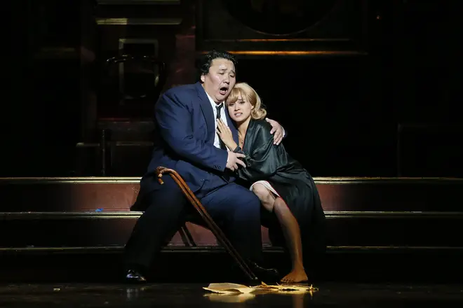 Amartüvshin Enkhbat as Rigoletto and Stacey Alleaume as Gilda in Opera Australia's 2019 production of Rigoletto at Arts Centre Melbourne.