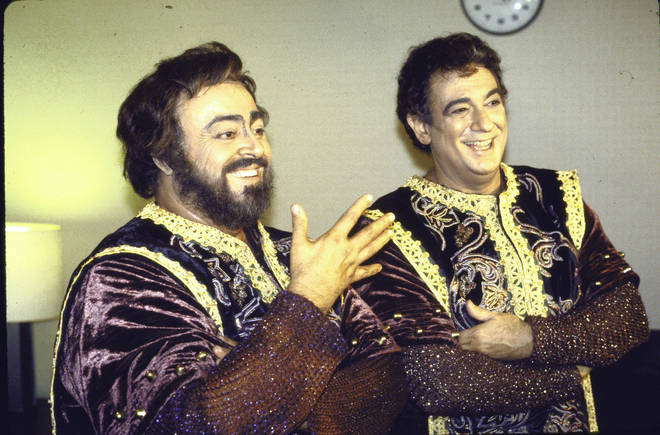 Pavarotti backstage in costume with Plácido Domingo