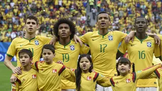 Brazil's players sing Brazilian national anthem at 2014 FIFA World Cup
