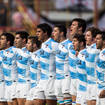Argentinian team sing their national anthem at a rugby test match in Chaco, Argentina