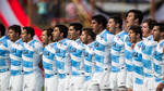 Argentinian team sing their national anthem at a rugby test match in Chaco, Argentina