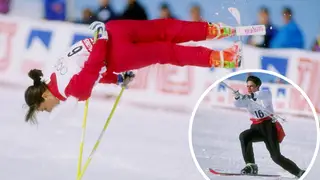 France’s Cathy Féchoz and Fabrice Becker (circle) performing at the finals of the Ballet Ski demonstration at the 1992 Winter Olympics