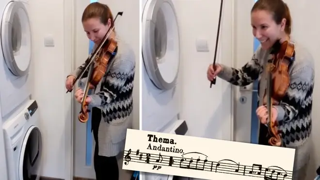 Violinist Boglarka Gyorgy plays with a washing machine