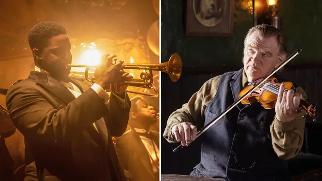 Jovan Adepo plays the trumpet in Babylon, while Brendan Gleeson plays the violin in The Banshees of Inisherin