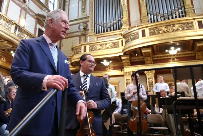 The then Prince Charles, Prince of Wales observes a rehearsal of the Vienna Philharmonic Orchestra in Austria (2017).
