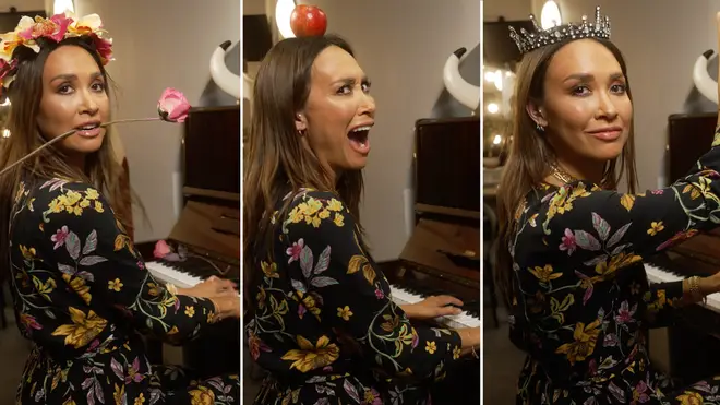 Myleene Klass plays the piano backstage at the Royal Albert Hall