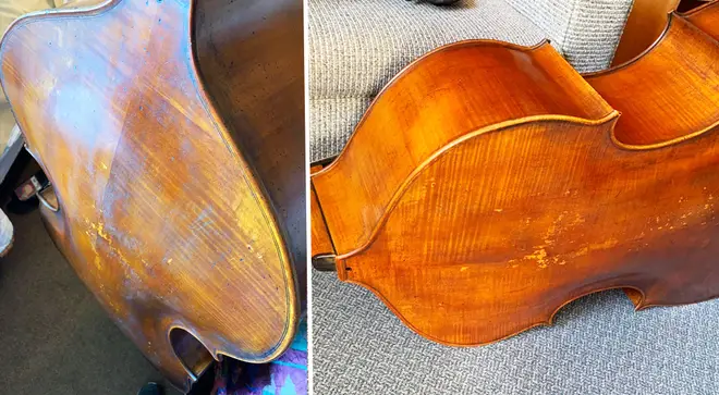 This double bass flew with an airline but arrived damaged