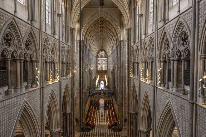 View inside Westminster Abbey in London, ahead of the coronation of King Charles III