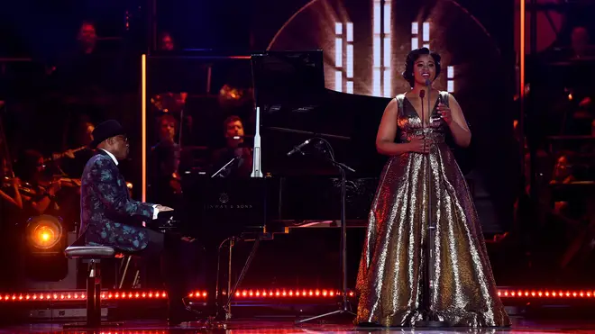 Pretty Yende performs with pianist and composer Alexis Ffrench at the Classic BRIT Awards in 2018.