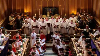 The choristers of the Choir of Her Majesty's Chapel Royal sing during an Evensong service at the Chapel Royal, St James' Palace in London 2018