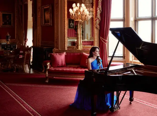 Catherine, Princess of Wales plays piano in the Crimson Drawing Room of Windsor Castle, for the opening sequence of the Eurovision Song Contest 2023 Grand Final.