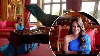 Kate Middleton, Princess of Wales, plays piano as part of the opening sequence of the Eurovision Song Contest Grand Final in Liverpool.