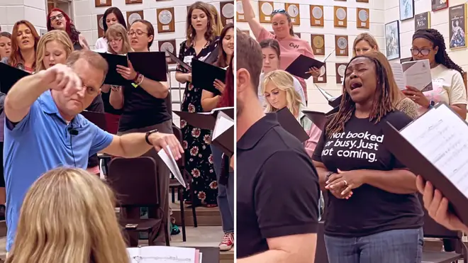 Choir Director Jim Stanley conducts his former students in rehearsal one last time