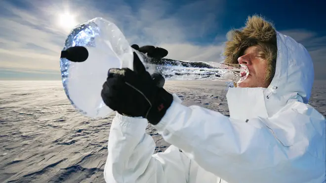 Terje Isungset plays a trumpet-like ice instrument in the Arctic