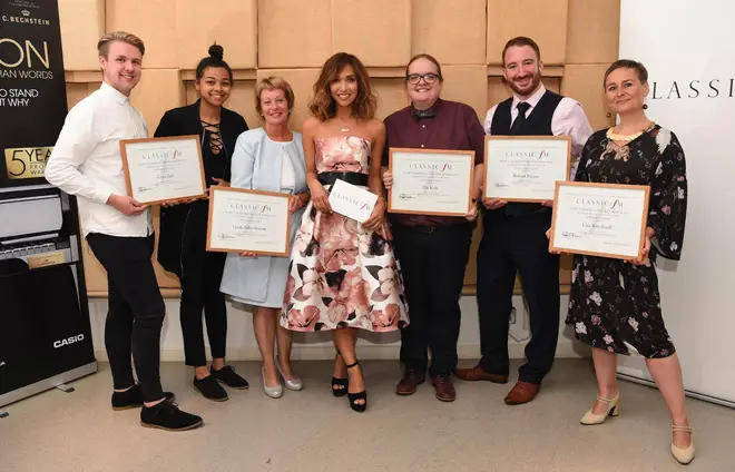 Myleene Klass with the 2017 winners of Classic FM's Music Teacher of the Year Awards