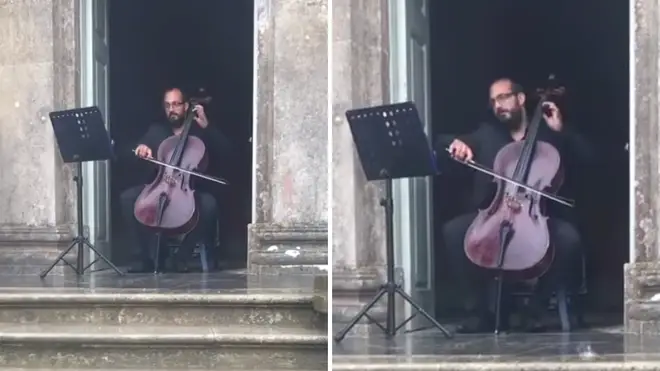 Solo cellist plays Bach prelude as rain falls on church steps in mesmerising video