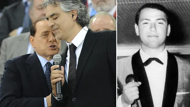 Berlusconi talks to Italian opera singer Andrea Bocelli in 2009; young Berlusconi sings on a cruise ship in the 1960s