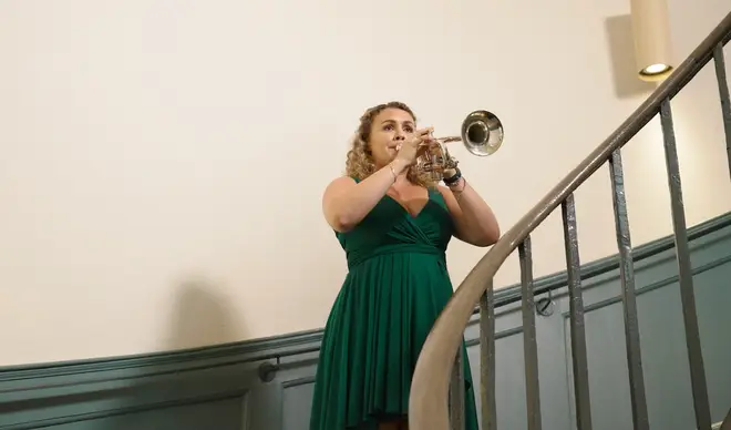 Trumpeter Matilda Lloyd performs a Puccini aria in a beautiful stairwell acoustic.