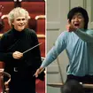 A young Marin Alsop, Sir Simon Rattle, and Seiji Ozawa conduct their respective orchestras.
