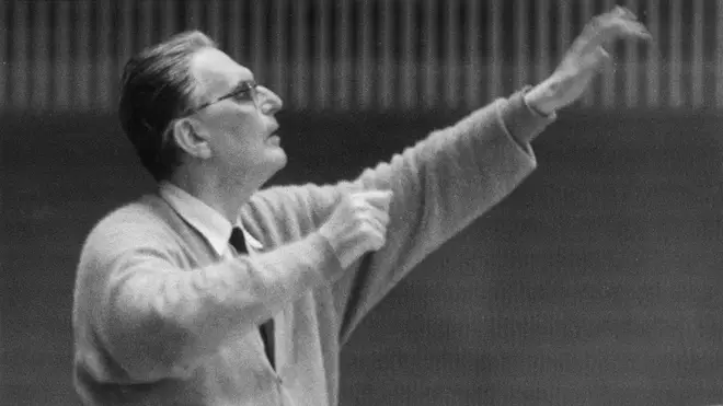 Otto Klemperer conducting an orchestra in Germany in 1957.