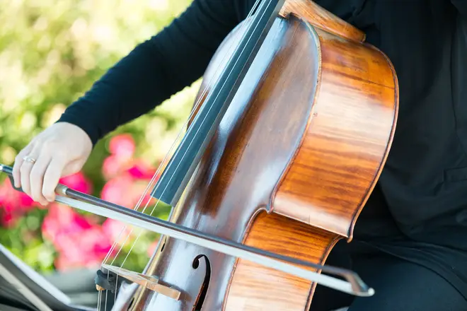 Cellist performs in the garden.