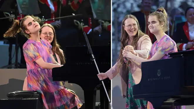 Lucy and her teaching assistant on stage at the King’s Coronation Concert at Windsor Castle in May 2023