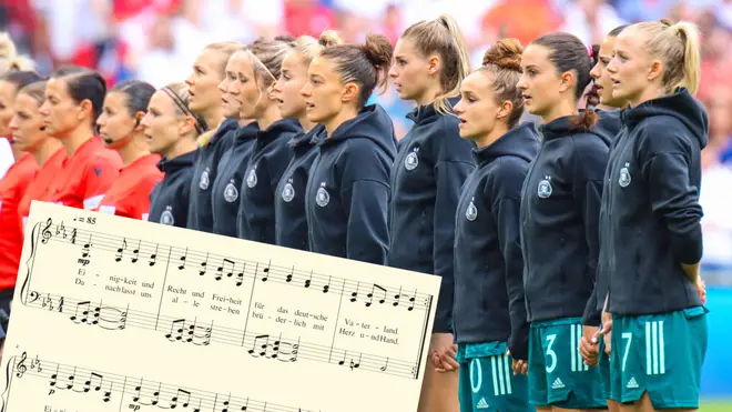 Germany sing the national anthem at UEFA Womens Euro 2022 Final at Wembley Stadium
