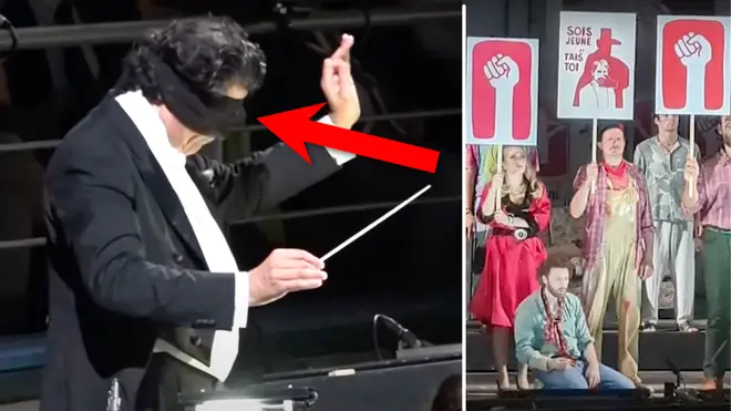 The conductor of the Puccini Festival’s opening night performance appeared on the podium blindfolded.