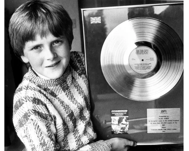Aled Jones as a 14-year-old, holding with his single Walking in the Air – a recording which kickstarted his career