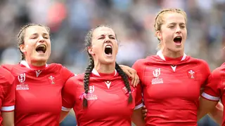 Team Wales sing the national anthem during the Rugby World Cup 2021