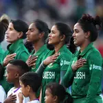 Bangladesh cricket players line up to sing the National Anthem ahead of the ICC Women’s T20 World Cup
