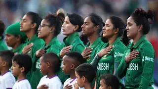 Bangladesh cricket players line up to sing the National Anthem ahead of the ICC Women’s T20 World Cup
