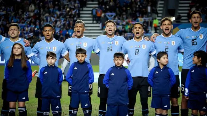 Uruguay players sing their anthem before their match against Italy in the World Cup u20 Argentina 2023