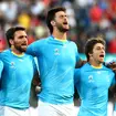 Juan Manuel Cat, Santiago Civetta, Manuel Leindekar, Santiago Arata and Gaston Mieres of Uruguay sing the national anthem prior to the Rugby World Cup 2019