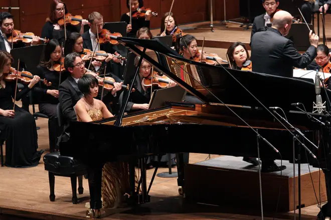 Yuja Wang performs with the New York Philharmonic and Jaap van Zweden in David Geffen Hall.