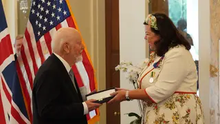 Composer John Williams becomes an Honorary Knight of the Order of the British Empire, presented by Dame Karen Pierce, British Ambassador to the United States