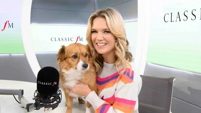 Charlotte Hawkins and RSPCA rescue dog Fred in the Classic FM studio