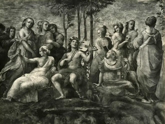 Apollo with nine Muses in the Mount Parnassus – painting by Raphael