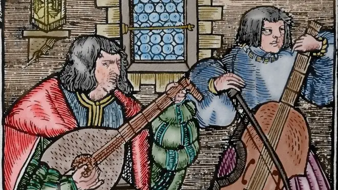 Two Renaissance (16th century) musicians play the lute and viol