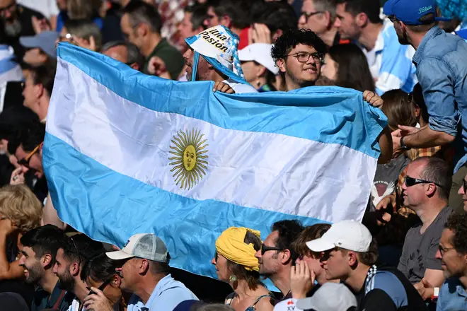 An Argentina flag is displayed in the crowd during the Rugby World Cup France 2023 match between Argentina and Chile