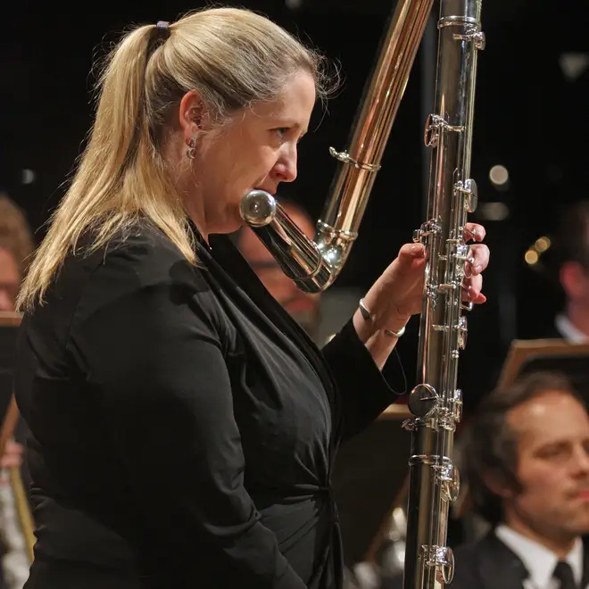 Tara Helen O'Connor plays the contrabass flute at Bohemian National Hall in 2013