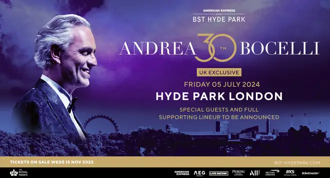 Andrea Bocelli will become the first classical artist to headline BST Hyde Park in July 2024.