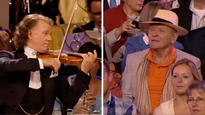 Sir Anthony Hopkins listens to André Rieu’s orchestra play his waltz