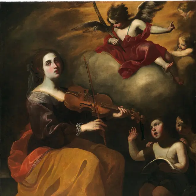 St Cecilia is usually depicted playing various kinds of musical instruments, and often accompanied by angels.