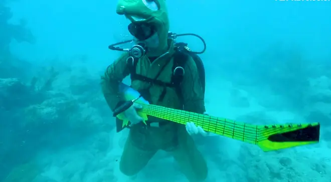 Underwater guitar player dressed as a turtle
