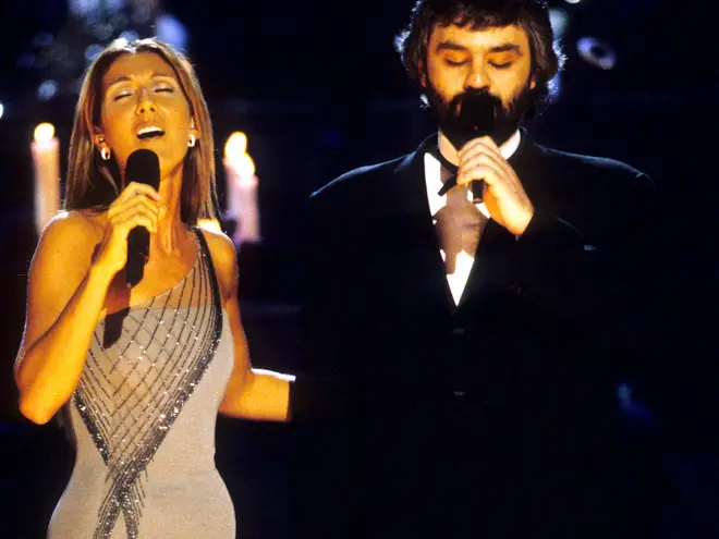 Celine Dion and Andrea Bocelli sing 'The Prayer' at the 41st Grammy Awards ceremony