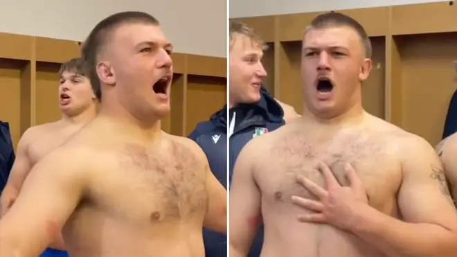 Italy’s under-20s rugby team celebrates Six Nations win with dressing room ‘Nessun dorma’.