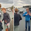 Musicians play while stuck in motorway traffic