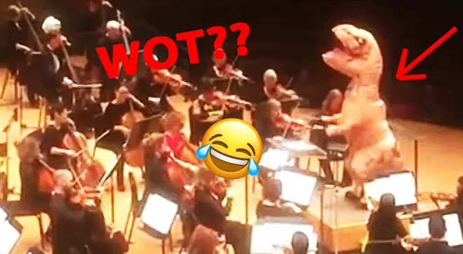 T-Rex leads a performance of the 'Jurassic Park' theme